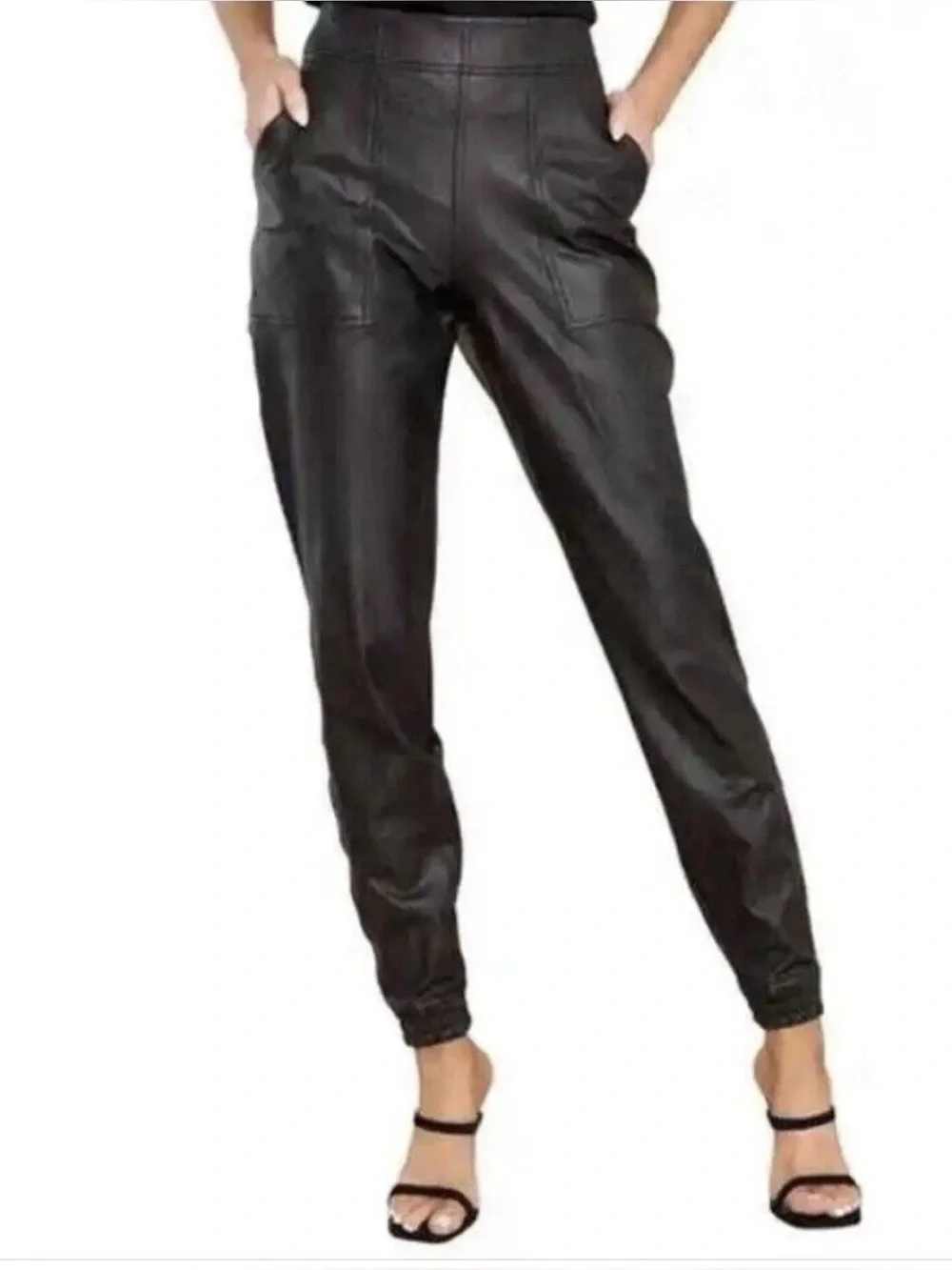 Spanx Faux Leather Joggers Size Large Black Elastic Waist - Picture 1 of 6